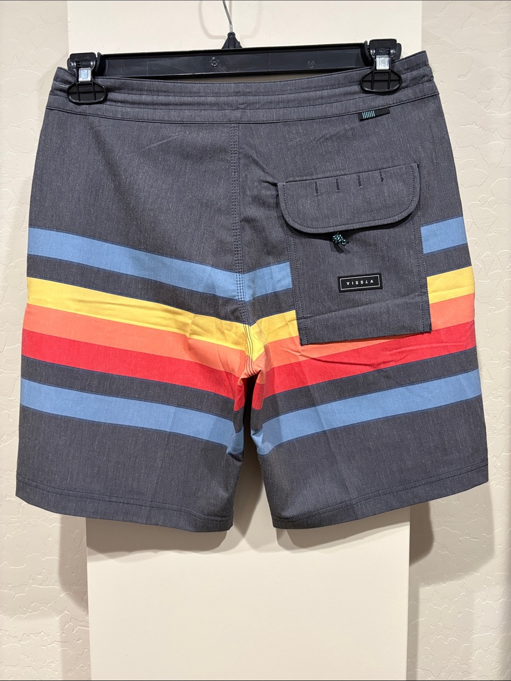 VISSLA Men’s Charcoal Swim Shorts with Blue, Yellow & Red Stripes - Picture 3 of 3